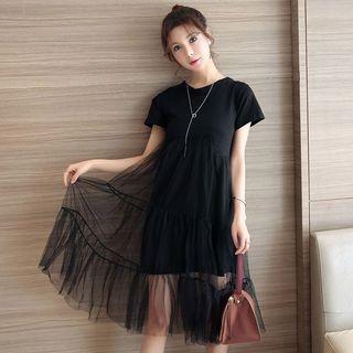 Short Sleeve Mesh Overlay Midi T-shirt Dress