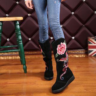 Genuine Leather Embroidered Hidden Wedge Mid-calf Boots