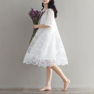 Scallop Hem Elbow Sleeve Midi Lace Dress