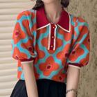Short-sleeve Floral Print Knit Polo Shirt Orange Flower - Blue - One Size