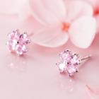 925 Sterling Silver Rhinestone Flower Stud Earring 1 Pair - S925 Silver - Pink & Silver - One Size