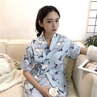 Set:picture Print Lace-up Short-sleeve Top + Shorts As Shown In Figure - One Size