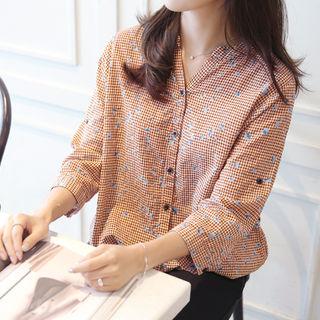 Open-placket Floral Pattern Gingham Shirt