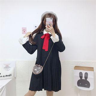 Long-sleeve Tie-neck Contrast Collar Pleated Dress As Shown In Figure - One Size