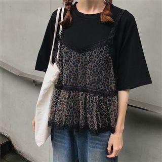Set: Elbow-sleeve T-shirt + Leopard Print Mesh Camisole Top