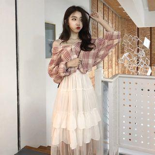 Set: Long-sleeve Plaid Shirt + Midi Mesh Layered Skirt