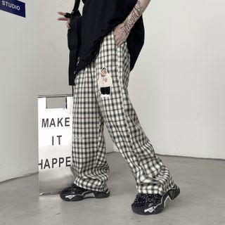Bear Embroidered Plaid Pants