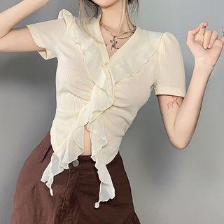 Short-sleeve Ruffled Slit Top