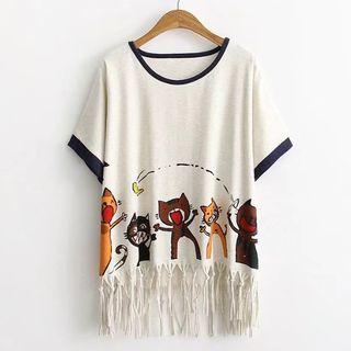 Cat Print Short-sleeve Fringed T-shirt
