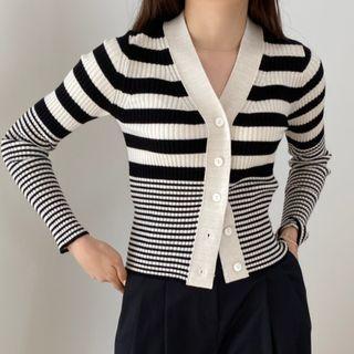 Striped Buttoned Knit Cardigan Stripe - Black & White - One Size