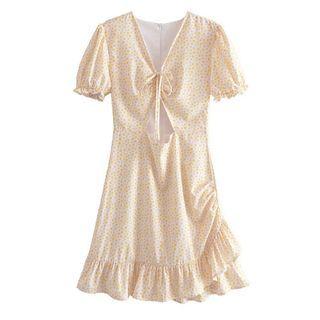 Short-sleeve Ruffled Floral Mini A-line Dress