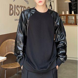 Long-sleeve Faux-leather Panel Sweatshirt