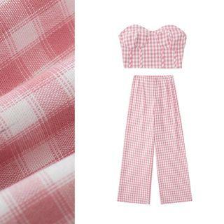 Plaid Cropped Tube Top / Loose Fit Pants / Set