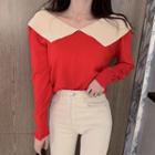 Long-sleeve Peter Pan Collar V-neck Color Block Top