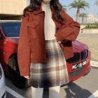 Plain Single-breasted Acrylic Jacket / Turtle-neck Long-sleeve Top / Plaid Acrylic High-waist Skirt
