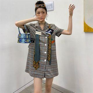 Short-sleeve Plaid Mini Pencil Blazer Dress
