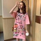 Elbow-sleeve Print T-shirt Dress Pink - One Size