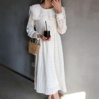 Collared Lace Midi A-line Dress White - One Size
