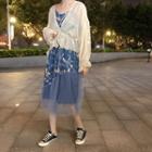 Spaghetti Strap Floral Mesh Paneled A-line Midi Dress / Light Jacket