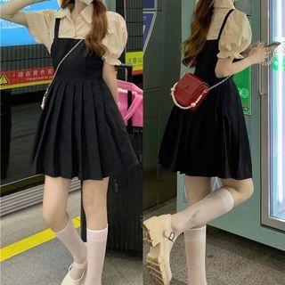 Puff-sleeve Collar Mock Two-piece A-line Dress