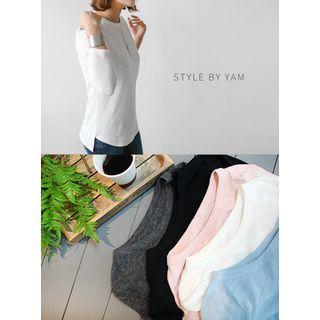 Long-sleeve Round-neck Asymmetric-hem T-shirt
