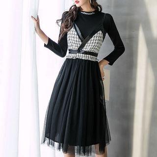 Set: Mock-neck Long-sleeve Top + Mesh Panel Spaghetti Strap Dress