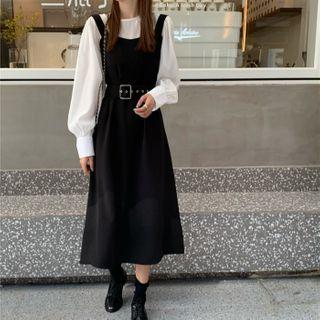 Long-sleeve Plain Blouse / Belted A-line Midi Pinafore Dress