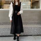 Long-sleeve Plain Blouse / Belted A-line Midi Pinafore Dress