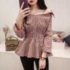 Long-sleeve Cold-shoulder Plaid Top