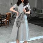 Short-sleeve Plaid Sash A-line Midi Dress