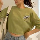 Crane Embroidered Cropped T-shirt