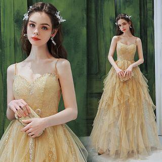 Spaghetti Strap Ruffled Glitter Evening Gown