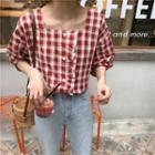 Plaid Elbow-sleeve Blouse Plaid - Red - One Size