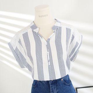 Crochet Panel Striped Short-sleeve Shirt