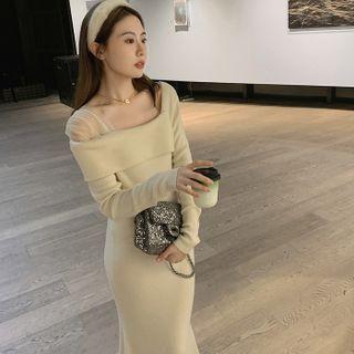 Long-sleeve Mesh Panel Knit Midi Sheath Dress