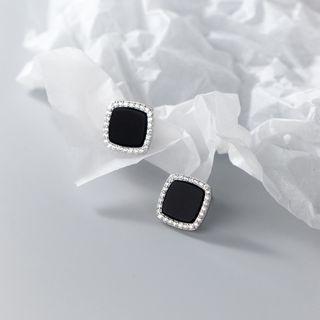 Rhinestone Stud Earring 1 Pair - Silver & Black - One Size