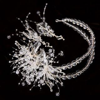 Set: Faux Crystal Headband + Clip-on Earring Set - Transparent - One Size