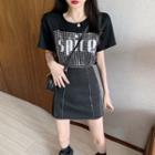 Letter Printed Sequined Short-sleeve T-shirt / High-waist A-line Skirt