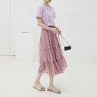 Plain Short-sleeve T-shirt / Printed Midi A-line Skirt