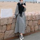 Set: Puff-sleeve Plaid Midi Shirtdress + Sweater Vest