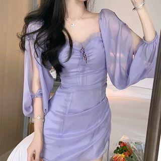 Puff Sleeve Lace Up Chiffon Dress