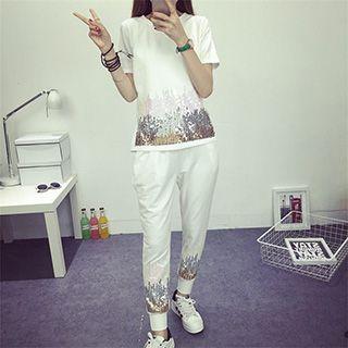 Set: Sequined Short-sleeve T-shirt + Pants