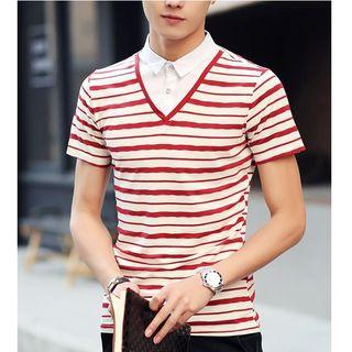 Mock Two-piece Short-sleeve Stripe Collared Top