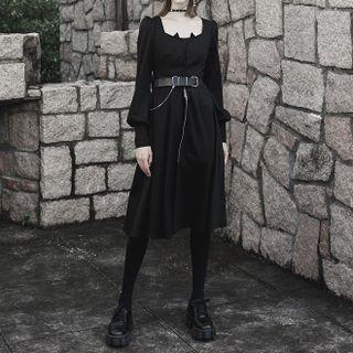 Long-sleeve Zip-up Slit Midi A-line Dress