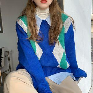 Argyle Loose-fit Sweater As Figure - One Size
