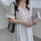Short-sleeve V-neck Midi A-line Dress White - One Size