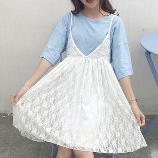 Set: Elbow-sleeve T-shirt + Strappy Lace Dress