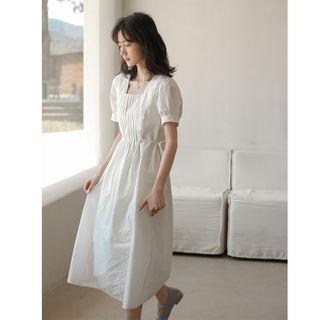 Puff-sleeve Pintuck Midi A-line Dress