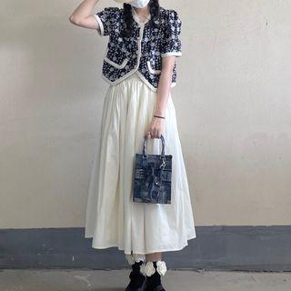 Elbow-sleeve Floral Print Jacket / Midi A-line Skirt