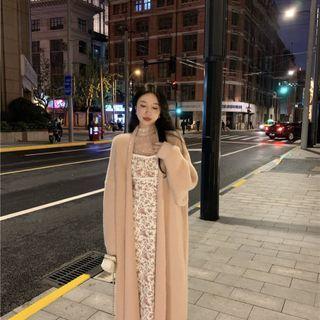 Floral Dress / Mock-neck Lace Top / Plain Woolen Cardigan